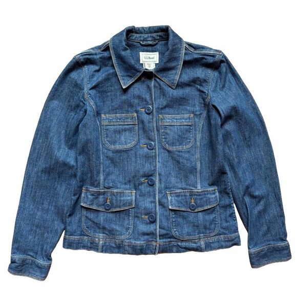 LL Bean Denim Jean Jacket Blazer Womens Size XS Blue Button-Up Stretch - Picture 1 of 7
